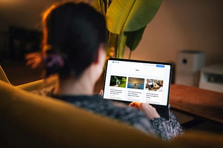 Woman reading blog content on a laptop in a calm setting.